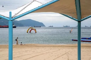Under the shade canopy at Songdo Beach