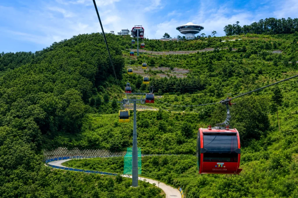 Cable cars moving up a Seaside resort