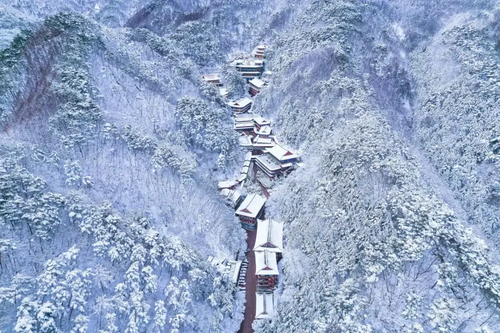 Aerial view of Guinsa Temple covered in winter snow