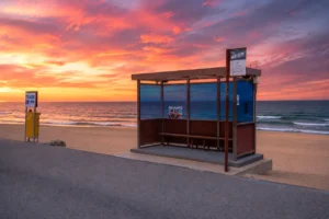 BTS bus stop under beautiful sunset