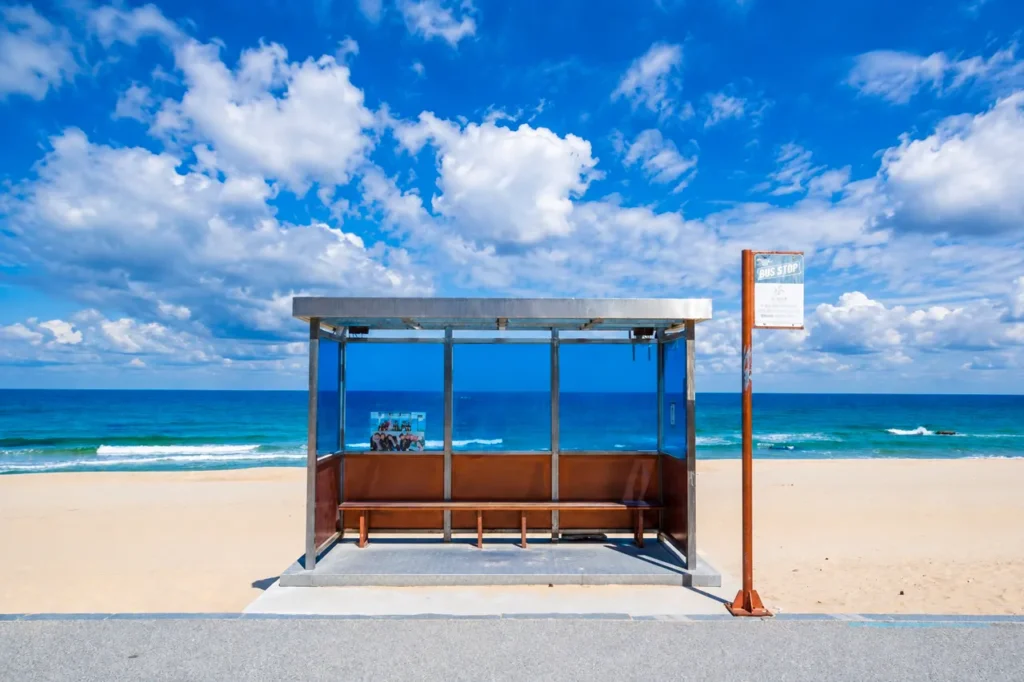 BTS bus stop by the blue ocean
