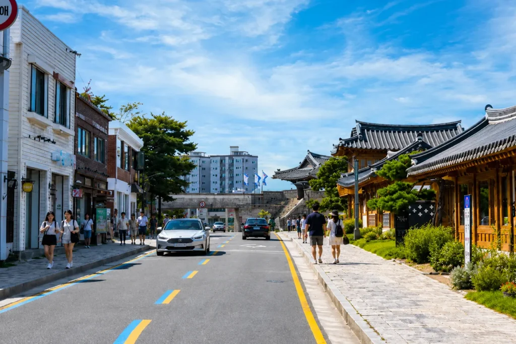Street with hanok shops and a castle wall
